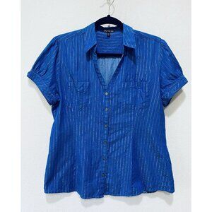 Express Top Womens Large Blue Silver Metallic Stripe Puff Sleeve Y2K Academia